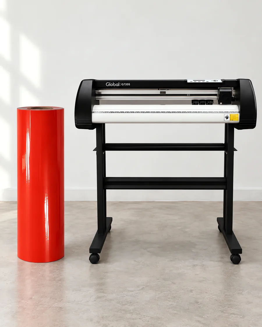 Rollo de vinilo de corte brillante, parado junto al plóter de corte
