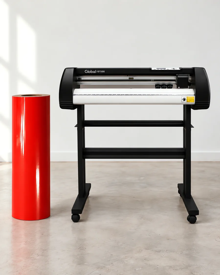 Rollo de vinilo de corte brillante, parado junto al plóter de corte