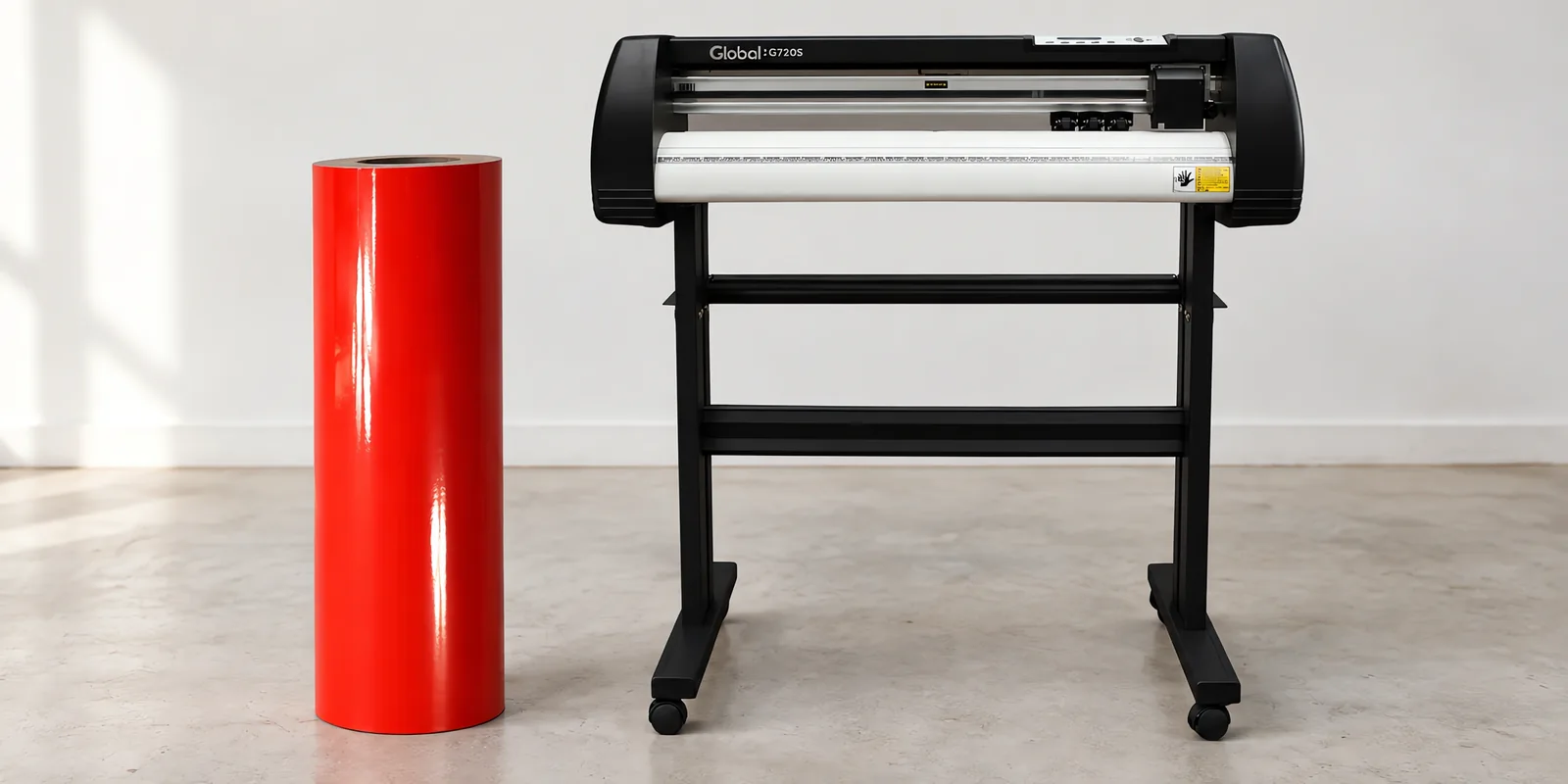 Rollo de vinilo de corte brillante, parado junto al plóter de corte