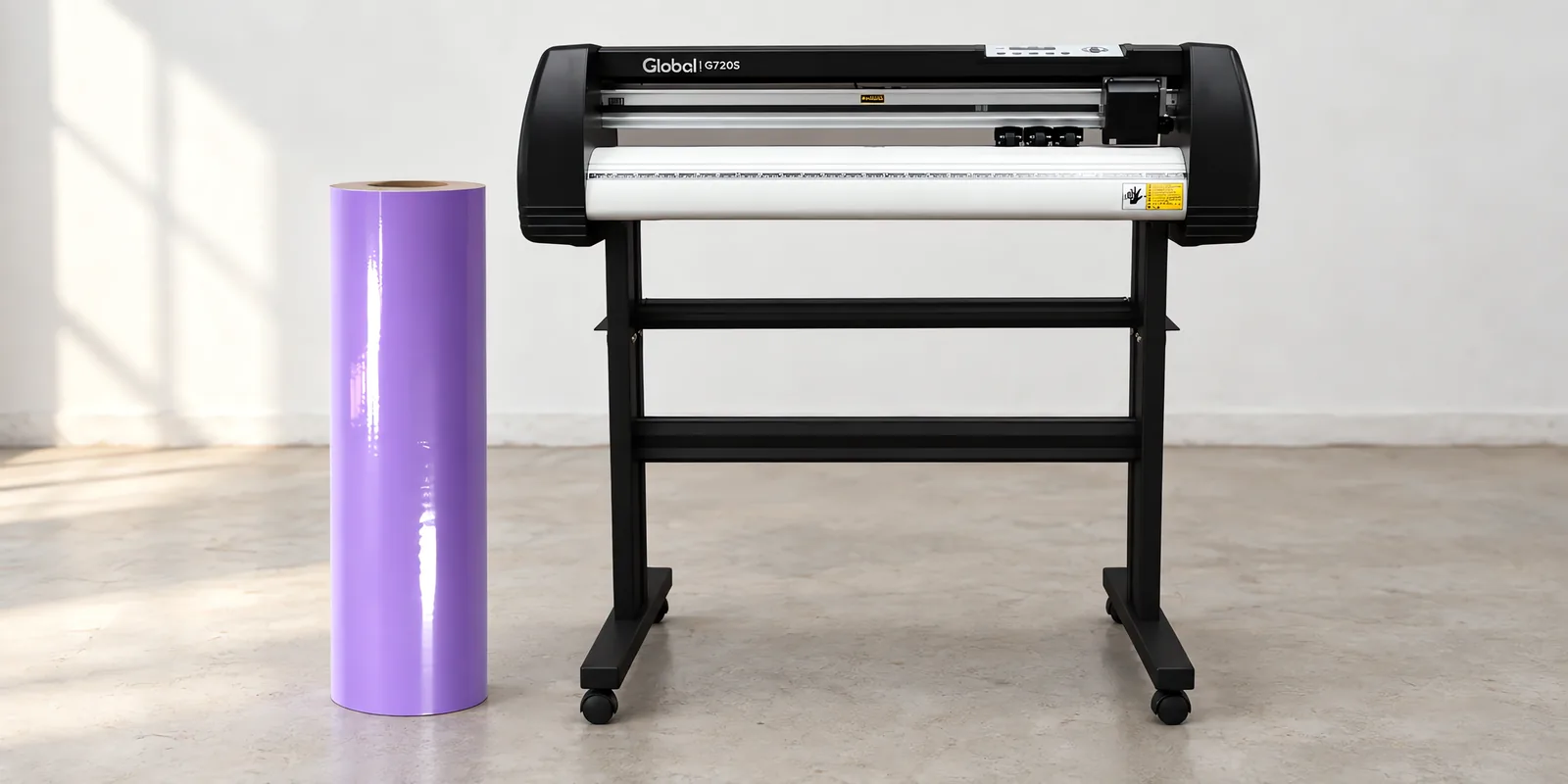 Rollo de vinilo de corte brillante, parado junto al plóter de corte