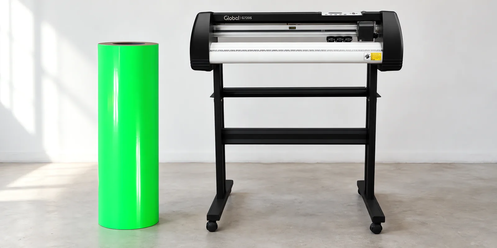 Rollo de vinilo de corte fluo, parado junto al plóter de corte
