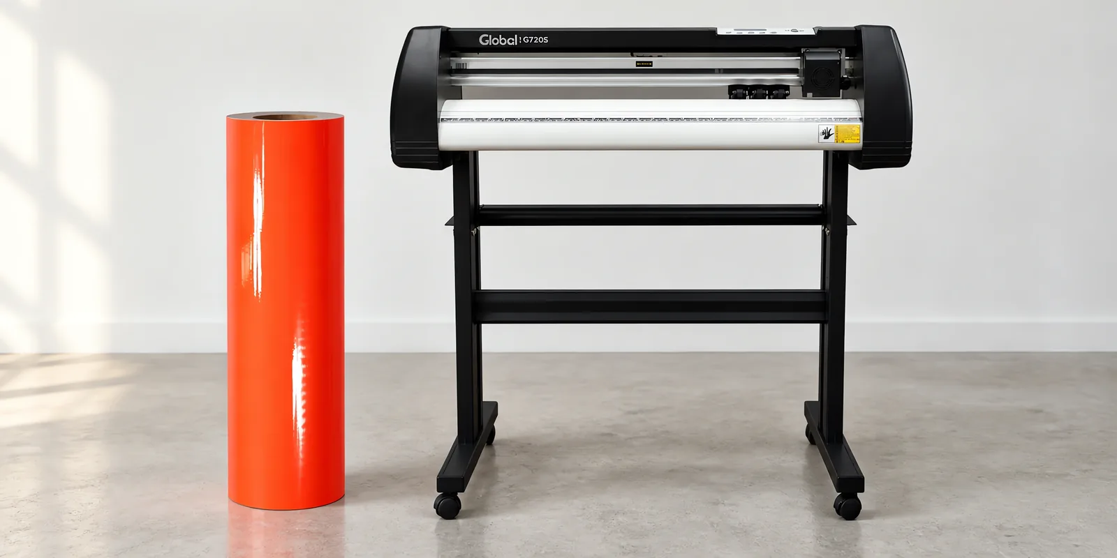 Rollo de vinilo de corte fluo, parado junto al plóter de corte