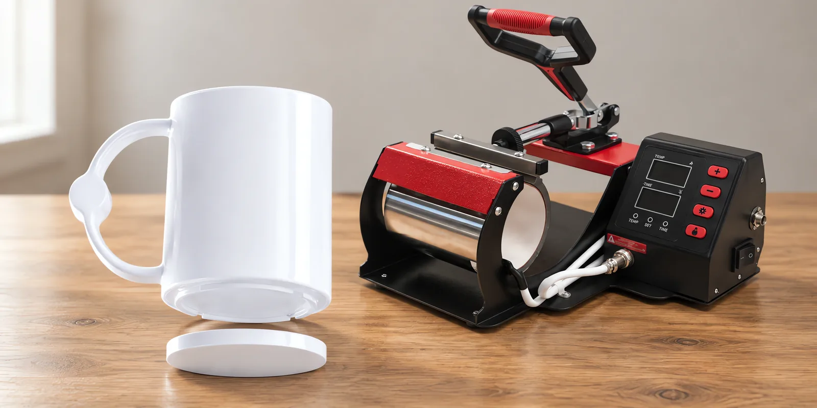 Taza de polímero sublimable con disco de base, con la prensa de tazas detrás