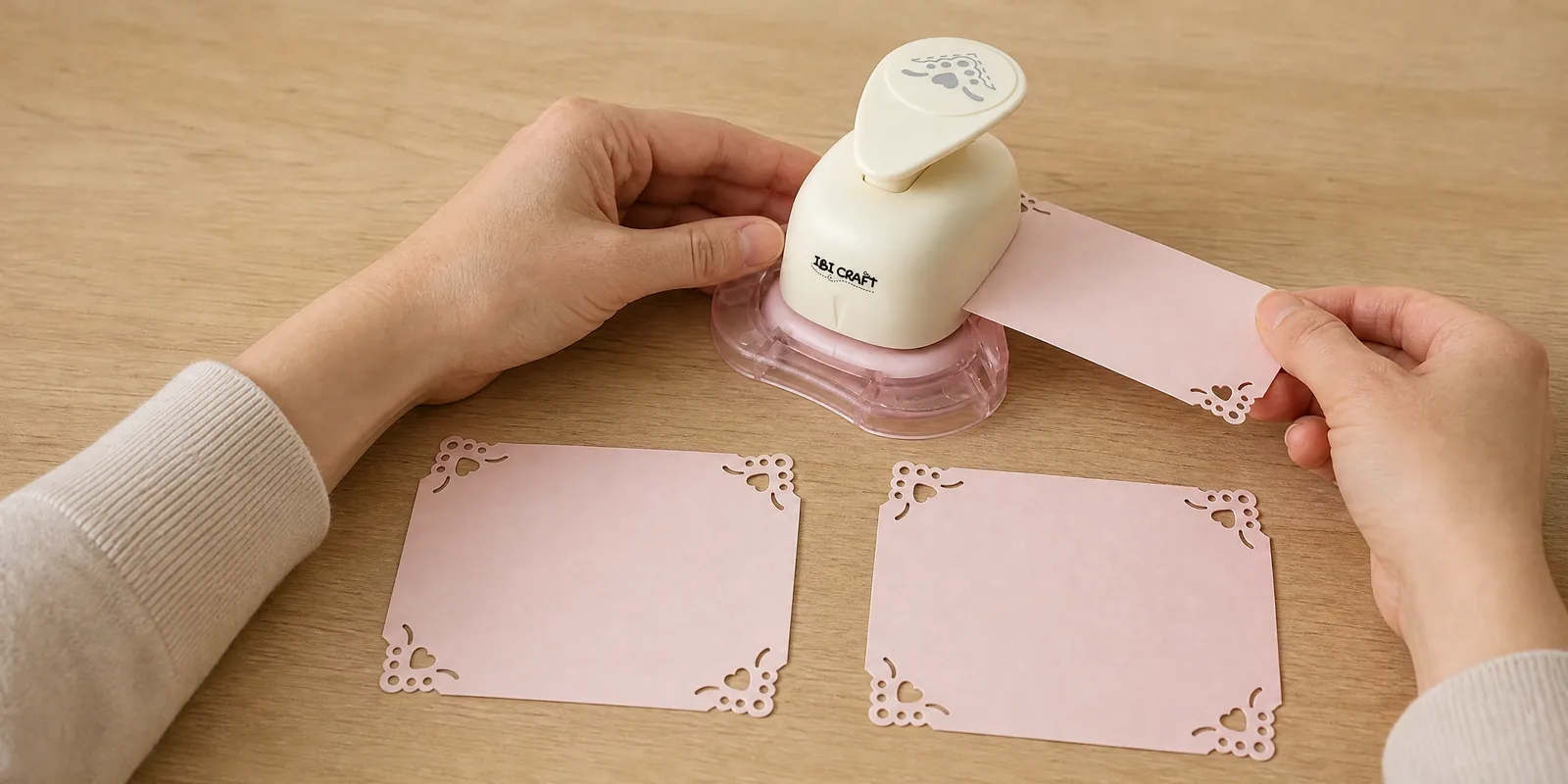 Manos usando el esquinero corazón, con dos tarjetas ya caladas delante