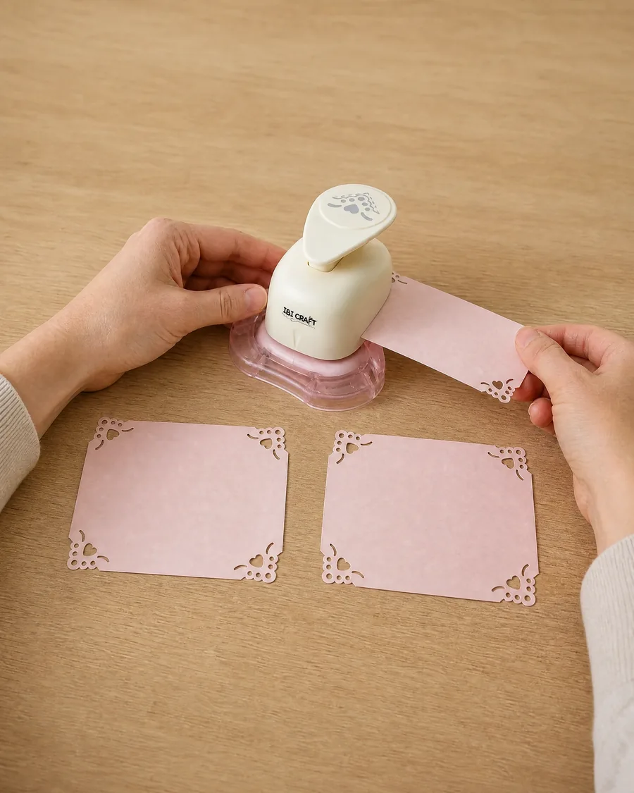 Manos usando el esquinero corazón, con dos tarjetas ya caladas delante