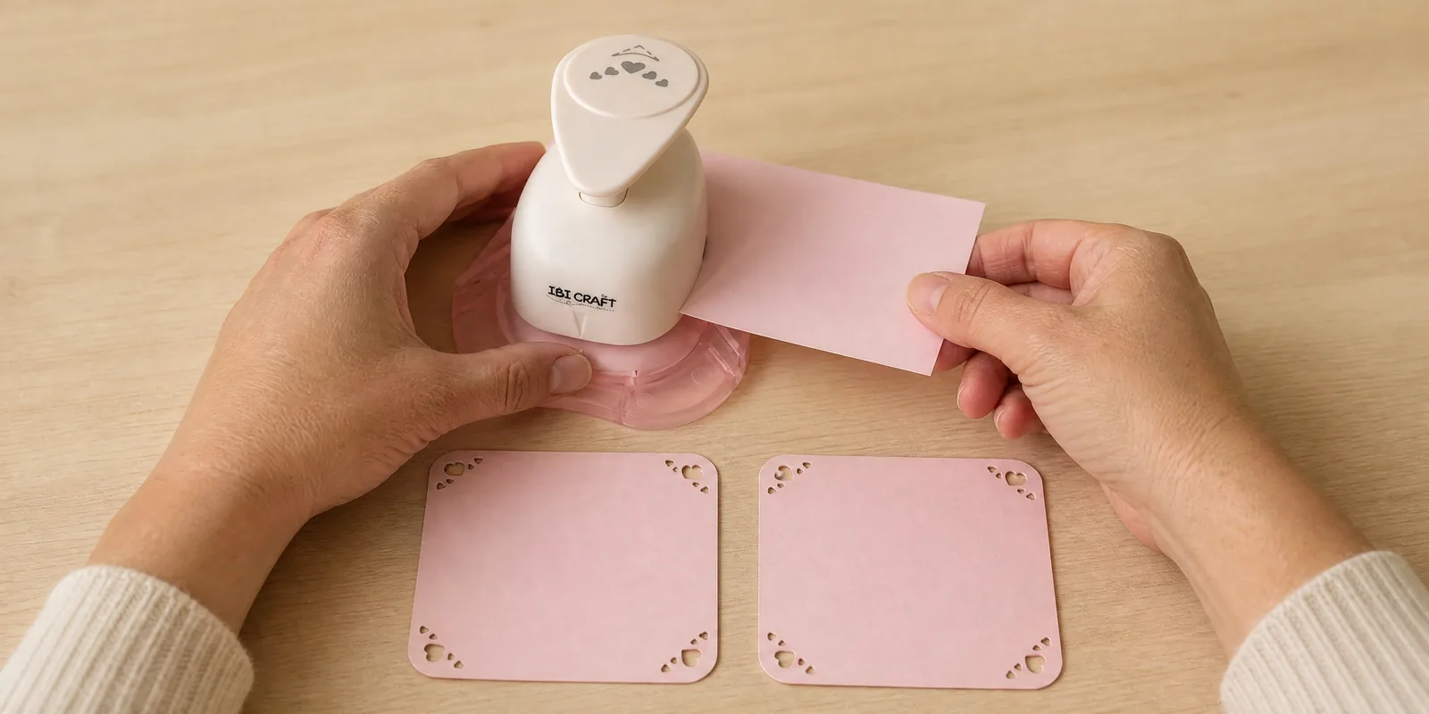 Manos usando el esquinero de corazones, con dos tarjetas ya caladas delante