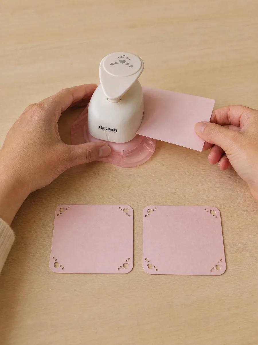Manos usando el esquinero de corazones, con dos tarjetas ya caladas delante