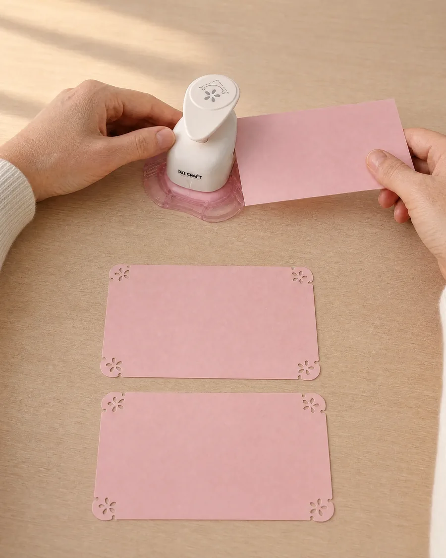Manos usando el esquinero daisy, con dos tarjetas ya caladas delante