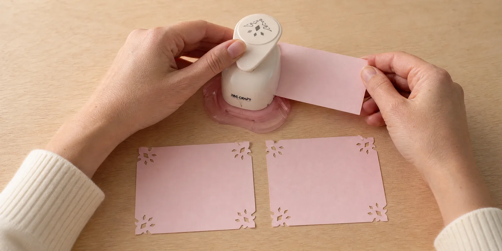 Manos usando el esquinero diamante, con dos tarjetas ya caladas delante