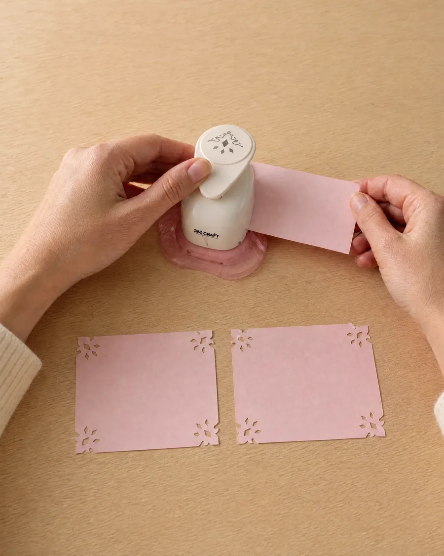Manos usando el esquinero diamante, con dos tarjetas ya caladas delante
