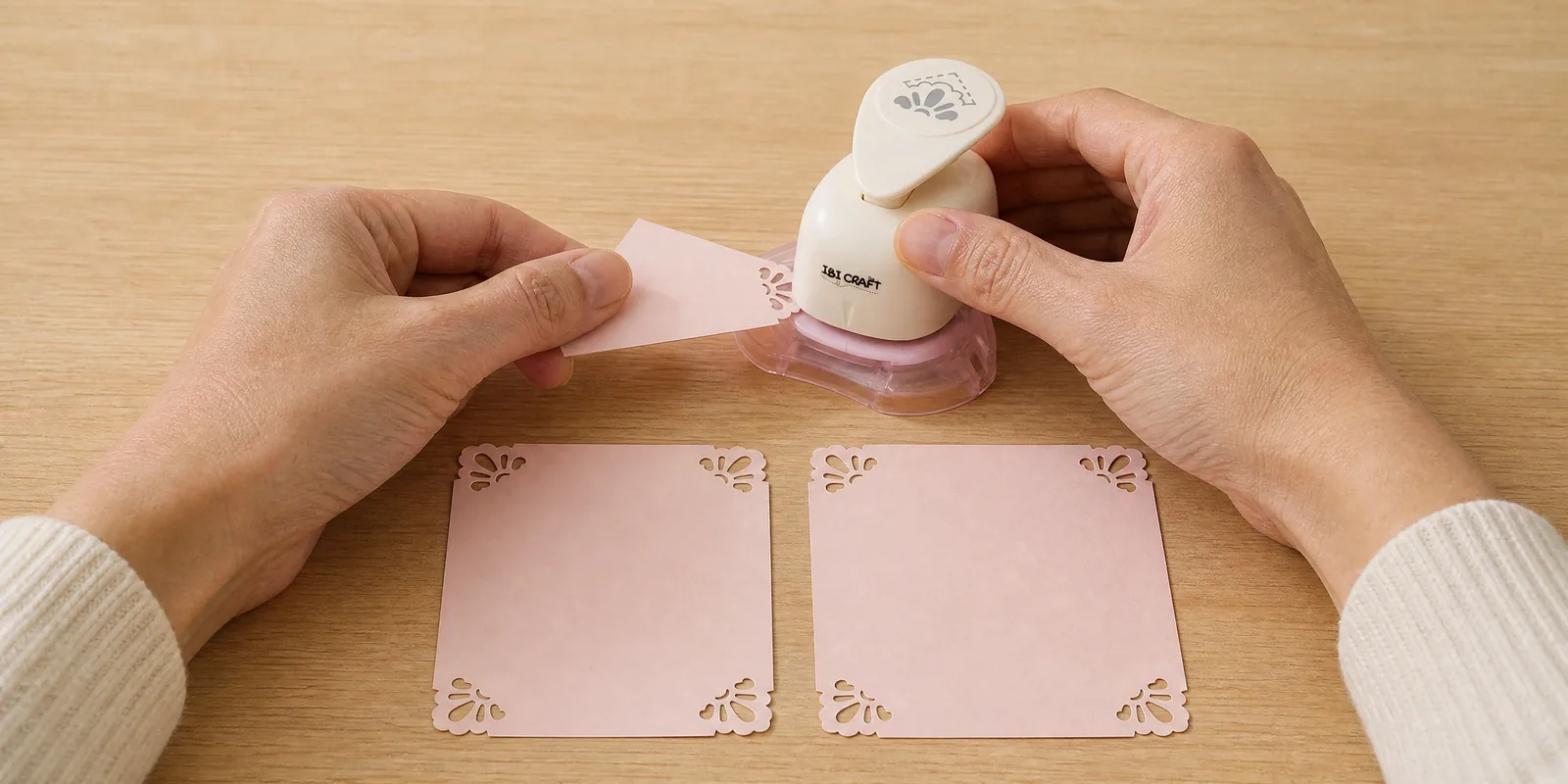 Manos usando el esquinero flor, con dos tarjetas ya caladas delante