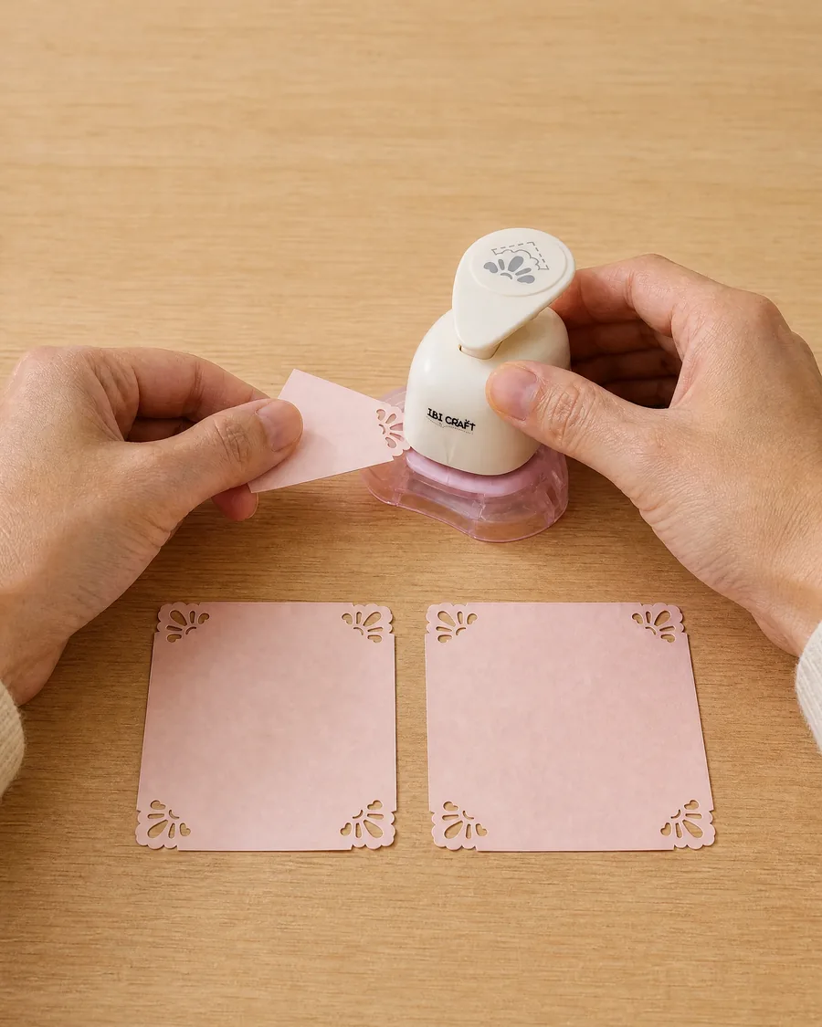 Manos usando el esquinero flor, con dos tarjetas ya caladas delante
