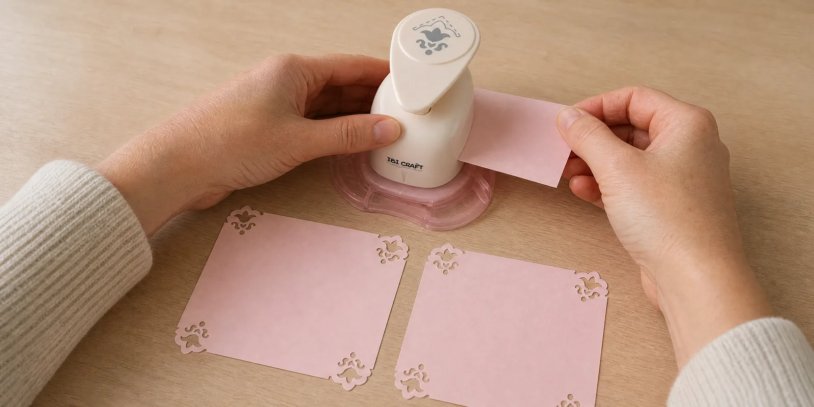 Manos usando el esquinero lily, con dos tarjetas ya caladas delante