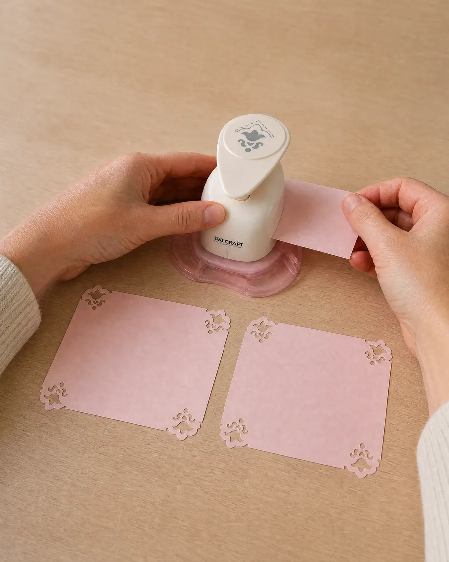 Manos usando el esquinero lily, con dos tarjetas ya caladas delante