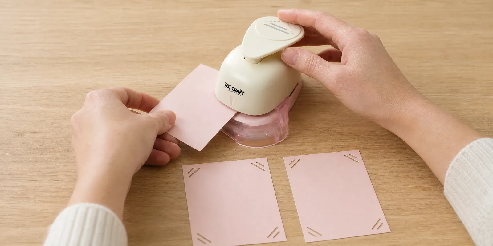 Manos usando el esquinero recto, con dos tarjetas ya caladas delante