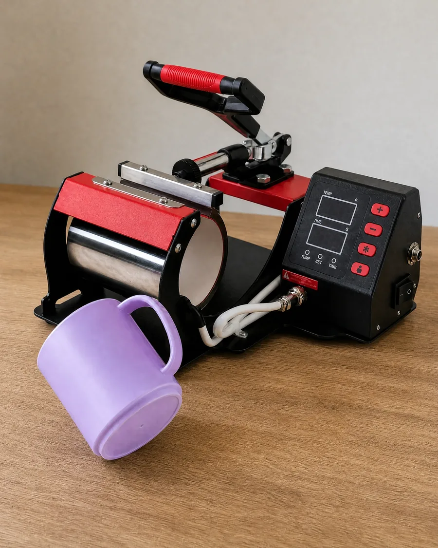 Taza de polímero sublimable {COLOR}, con la prensa de tazas detrás