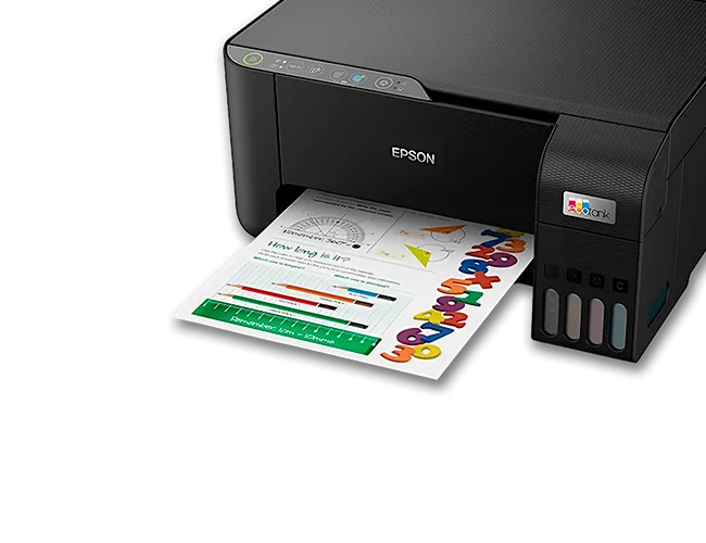 Impresora Epson EcoTank con tanques de tinta imprimiendo una hoja a color